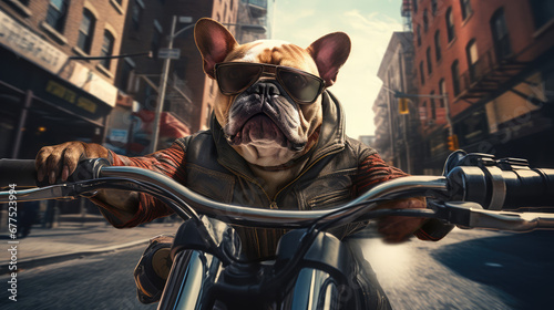 a dog driving a motorcycle in the city photo