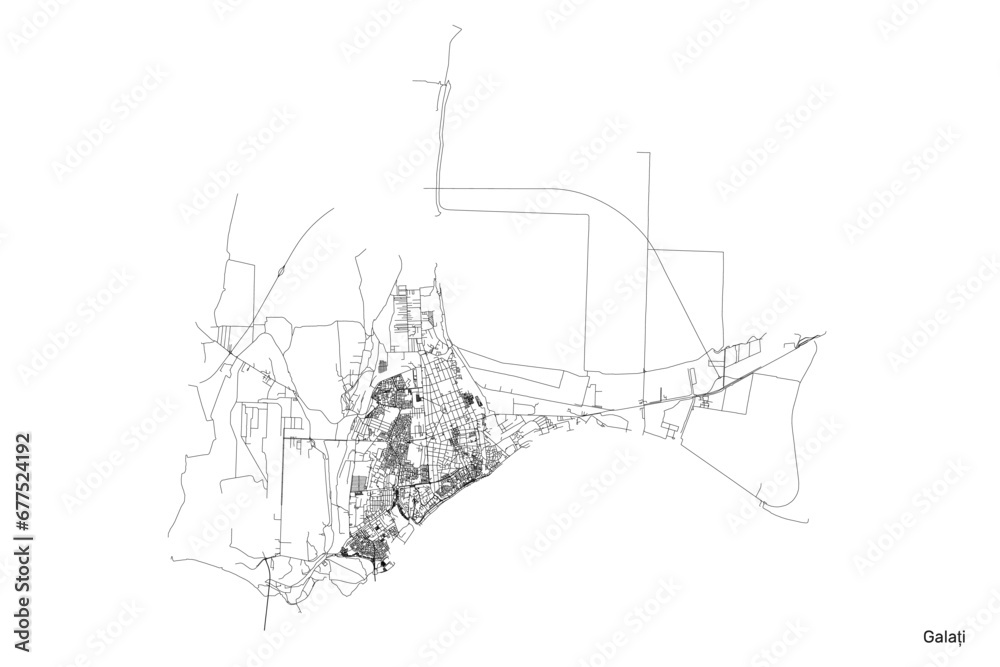 Galati city map with roads and streets, Romania. Vector outline illustration.