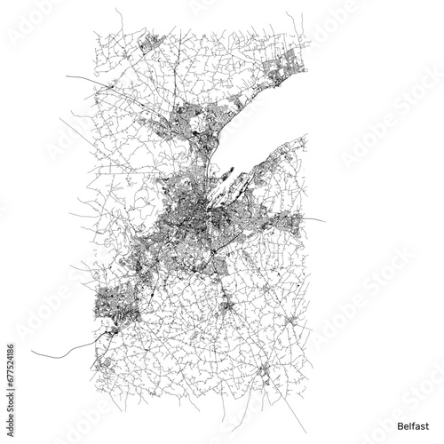 Belfast city map with roads and streets, Ireland. Vector outline illustration.