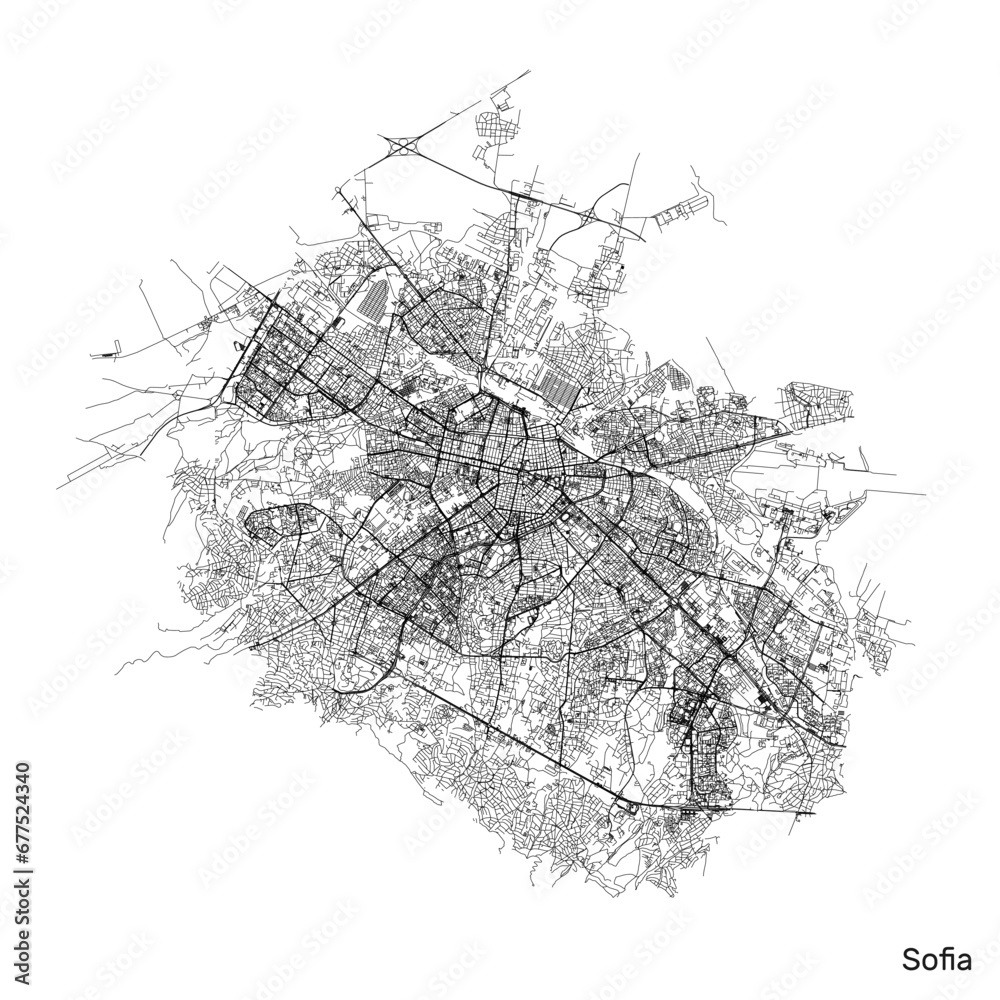 Sofia city map with roads and streets, Bulgaria. Vector outline illustration.