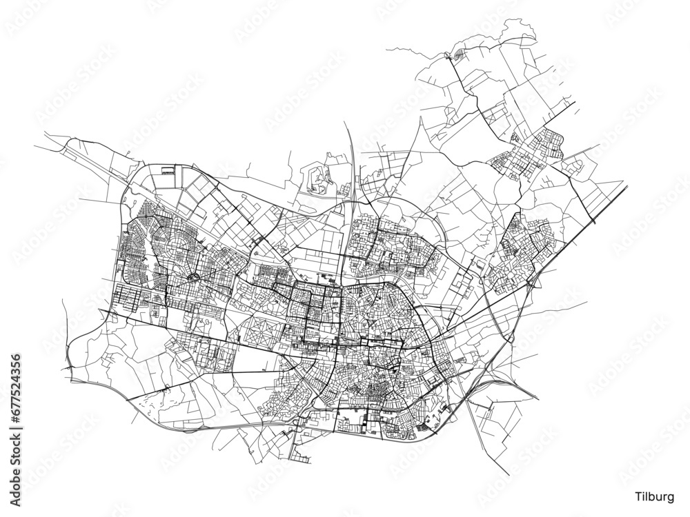 Tilburg city map with roads and streets, Netherlands. Vector outline illustration. Tilburg city map with roads and streets, Netherlands. Vector outline illustration.