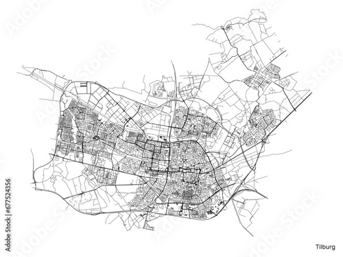 Tilburg city map with roads and streets, Netherlands. Vector outline illustration.