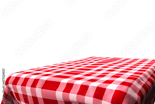 Red White Tablecloth, vintage place to place food. kitchen cloth, old wooden table with cloth base for product placement 3d render concept on white background