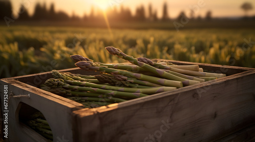 Asparagus harvested in a wooden box in artichoke field with sunset. Natural organic vegetable abundance. Agriculture, healthy and natural food concept.