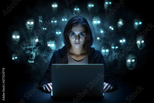 online privacy concept with woman using laptop computer being watched by glowing eyes in the dark background