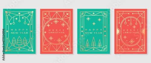 Luxury christmas invitation card art deco design vector. Christmas tree, bauble ball, snowflake, twinkling star line art on green and red background. Design illustration for cover, poster, wallpaper.