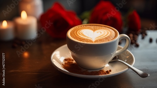 A cup of coffee with heart latte art  candles  and roses in the background  Valentine s Day theme.