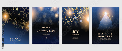 Luxury christmas invitation card art deco design vector. Christmas tree, snowflake,  firework, star line art, bokeh on dark blue background. Design illustration for cover, print, poster, wallpaper. photo
