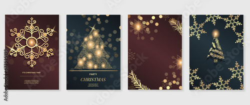Luxury christmas invitation card art deco design vector. Christmas tree, snowflake,  pine leaves line art, bokeh on brown and blue background. Design illustration for cover, print, poster, wallpaper.