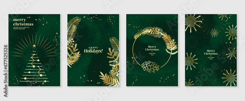 Luxury christmas invitation card art deco design vector. Christmas tree, foliage, firework, wreath, watercolor texture on green background. Design illustration for cover, print, poster, wallpaper.