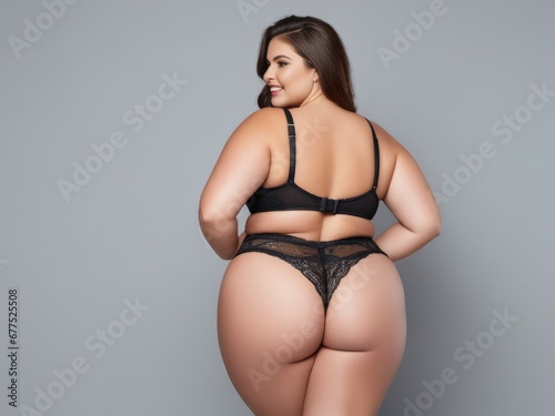 Plus size model in black lingerie, overweight female body, fat woman on gray background