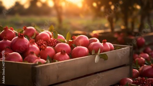 Pomegranates harvested in a wooden box in a plantation with sunset. Natural organic fruit abundance. Agriculture, healthy and natural food concept.