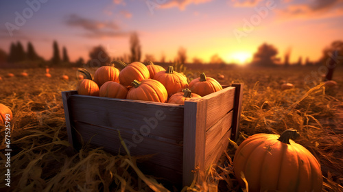 Orange pumpkins harvested in a wooden box with field and sunset in the background. Natural organic fruit abundance. Agriculture, healthy and natural food concept. Horizontal composition.