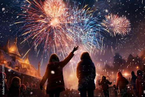 Christmas or New Year celebration. People outdoors looking at fireworks