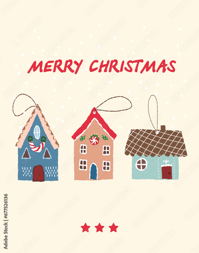 Christmas card. Christmas tree toys houses. greeting card