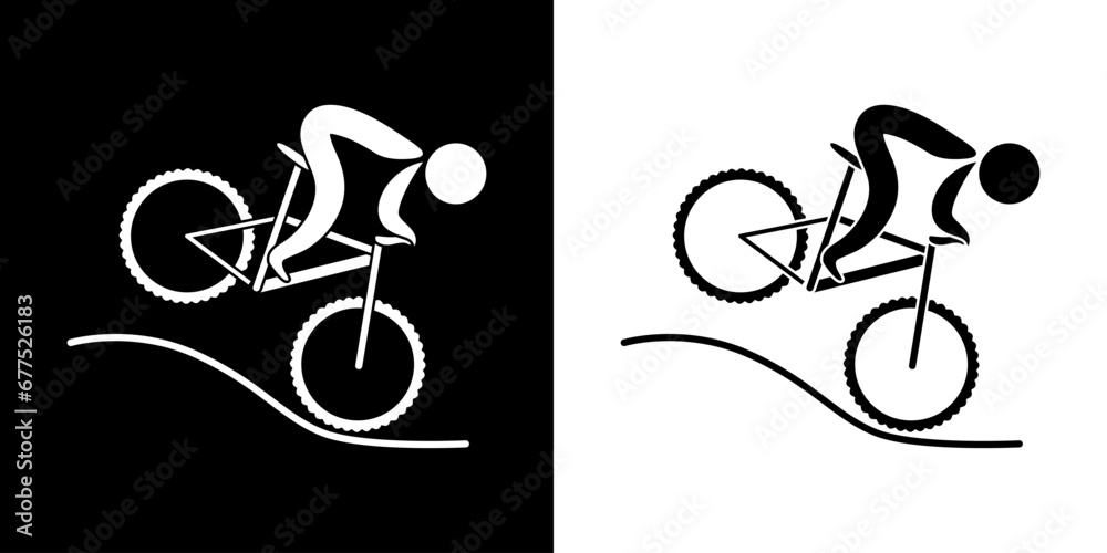 Pictogrammes représentant une course de vélo VTT (vélo tout terrain), une des disciplines des compétitions sportives de cyclisme. - obrazy, fototapety, plakaty 