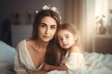 Beautiful young mother with her daughter morning portrait. Figure female joy child. Generate Ai