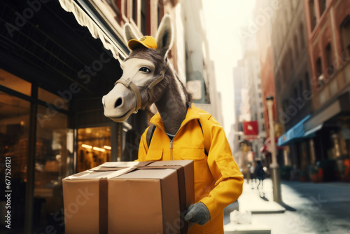 Delivery donkey delivering a parcel box . Generative AI