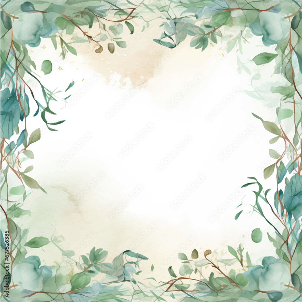 watercolor background frame with green leaves