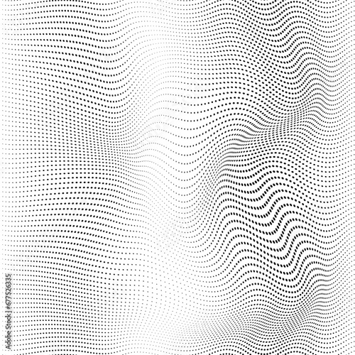 Abstract halftone wave dotted background. Futuristic twisted grunge pattern, dot, circles. Vector modern optical pop art texture for posters, business cards, cover, labels mock-up	