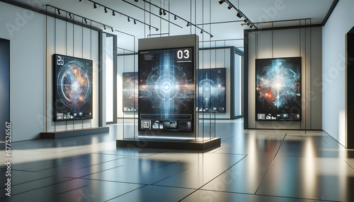 Modern digital art gallery with digital artworks on the walls. 