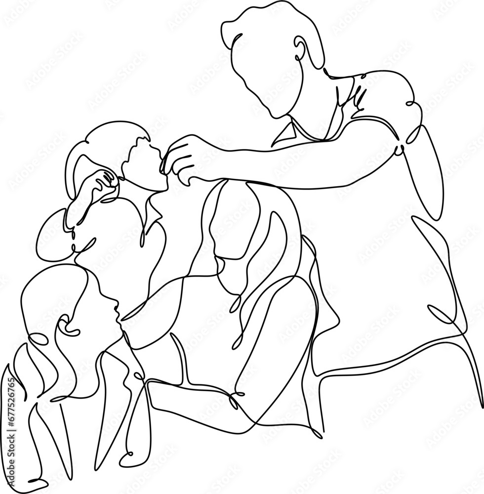 Continuous one line drawing of happy family. Vector illustration.