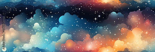 seamless pattern with clouds and stars on night starry multicolored sky