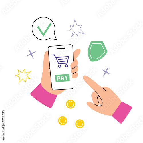 Online payment composition, internet shopping vector illustration, pay button on smartphone screen in human hands, mobile bank app for online shopping, using cell phone to buy, colored clipart