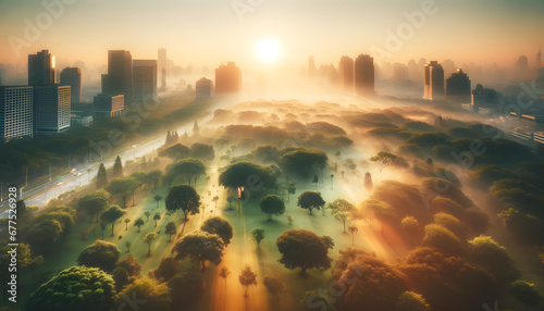 An urban park at sunrise with morning mist and sun rays shining through trees. 
