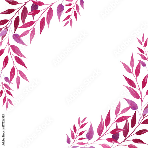 watercolor frame with pink and magenta leaves, hand drawn illustration, sketch, rose color, purple color herbal ornament, template with corner decoration isolated on white background