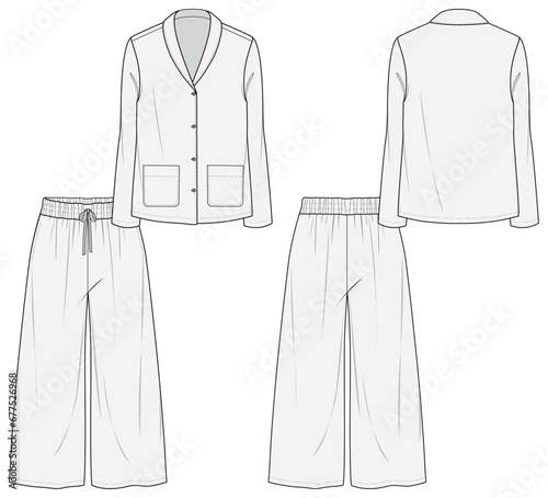 Women's pajamas, front placket, pockets, wide pants and long sleeves suit