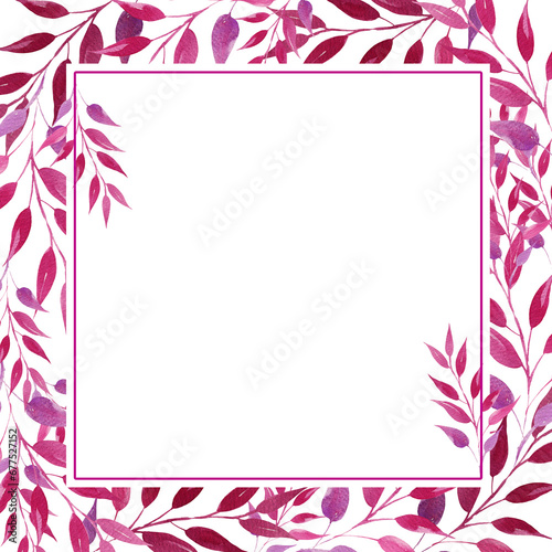 watercolor square frame with pink and magenta leaves, hand drawn illustration, sketch, rose color, purple color herbal ornament, isolated on white background