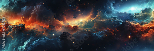 seamless pattern with outer space with stars, universes and galaxies on dark multicolored background