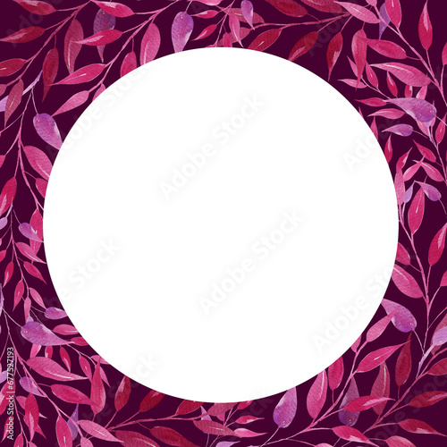 watercolor round frame with pink and magenta leaves, hand drawn illustration, sketch, rose color, purple color herbal ornament, white frame on dark purple background
