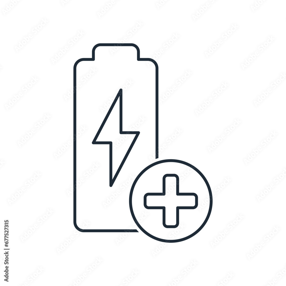 Battery with a plus sign. Additional, spare energy source. Vector linear illustration icon isolated on white background. Battery with a plus sign. Additional, spare energy source. Vector linear illustration icon isolated on white background.