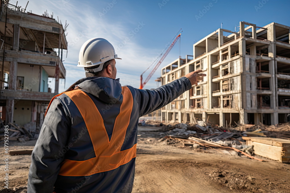 engineer pointing at unfinished building