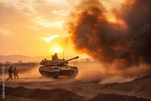  soldiers crosses warzone with fire and smoke in the desert, military special forces, tank photo