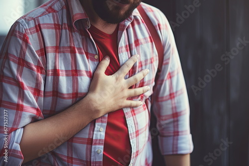 Heart attack concept, man suffering from chest pain photo