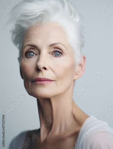 Close up portrait of beautiful older woman in the studio on white background with copy space
