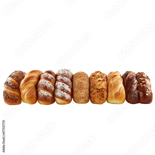 Nine baguettes arranged in a row on a transparent background.