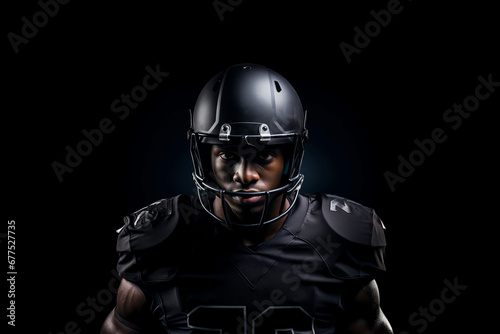 Studio portrait of professional American football player in black uniform. Determined, powerful, skilled African American athlete wearing helmet with protective mask. Isolated in black background.