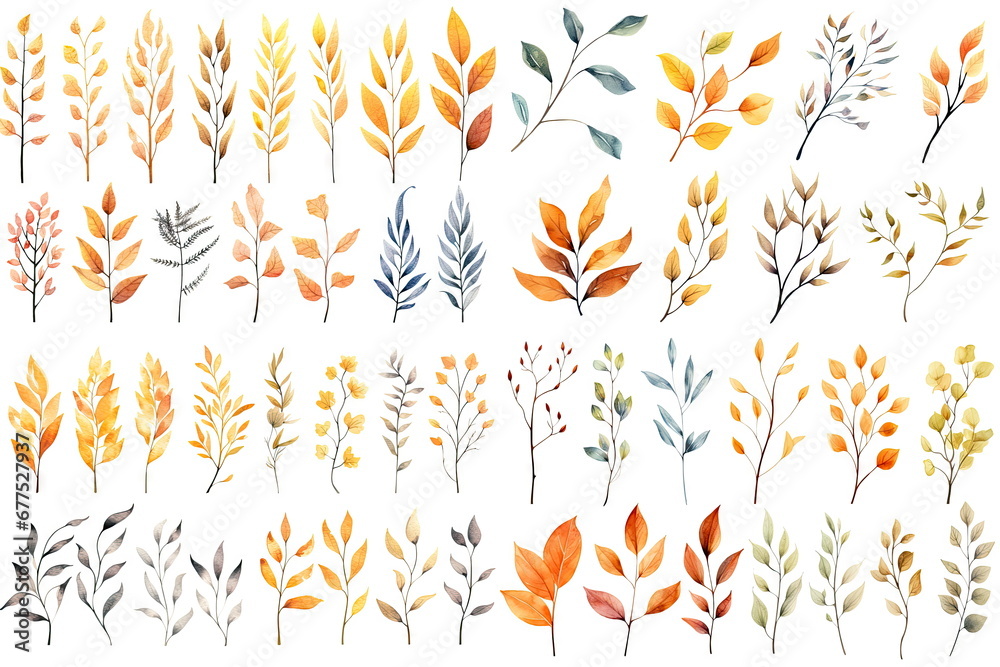 Fototapeta premium Watercolor set of fall branches on white background