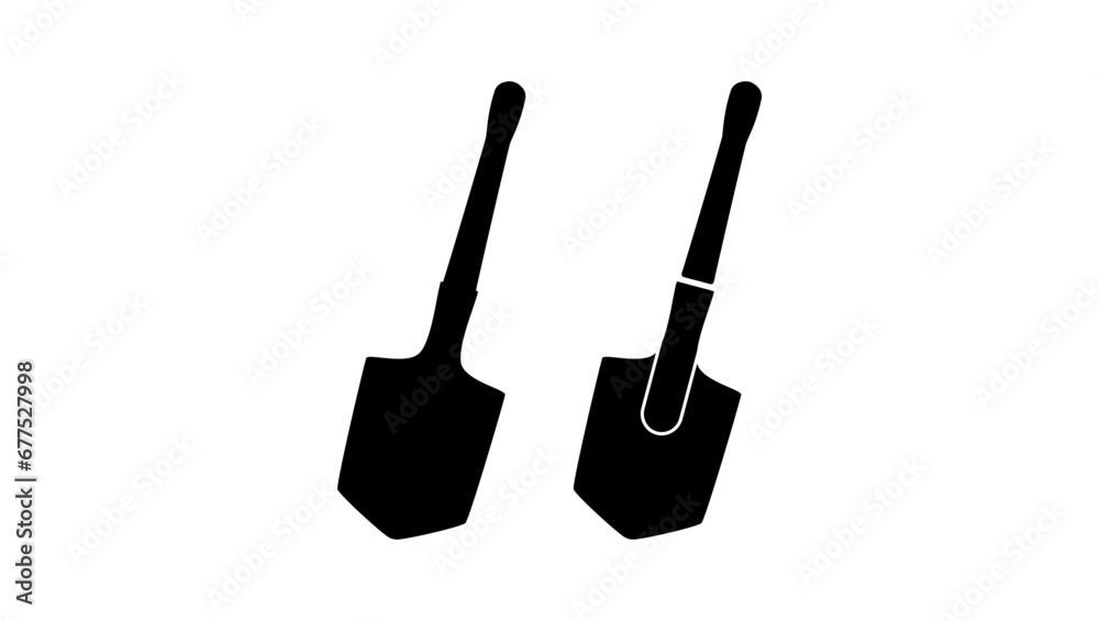 Sapper shovel, black isolated silhouettes set Sapper shovel, black isolated silhouettes set