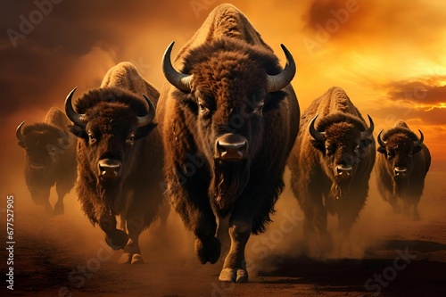 AI illustration of a majestic bison herd running through the landscape.
