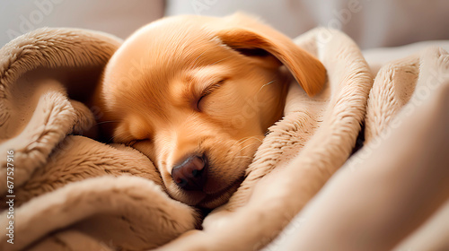 Cute puppy sleeping on the bed and covered with a blanket.  photo