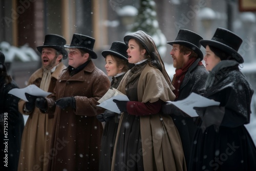 Carolers dressed victorian attire singing street outdoor. Tourism holiday period clothing. Generate Ai photo