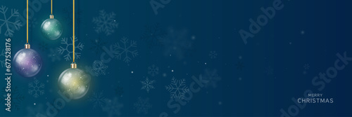 Christmas and New Year background with Christmas tree toys and snowflakes. Vector illustration.