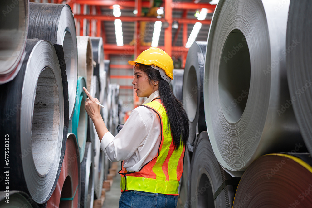 custom made wallpaper toronto digitalPortrait of women staff worker Standing counting and inspecting products in the metal sheet warehouse.