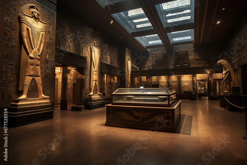 Immerse in the mystique of ancient Egypt inside a museum wing, adorned with walls etched in hieroglyphs and the lustrous presence of golden sarcophagi. photo