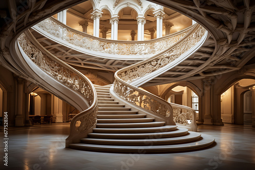 Appreciate architectural grandeur with a magnificent spiral staircase, which stands as the centerpiece of a distinguished museum, accentuated by soft, ambient daylight. © Davivd